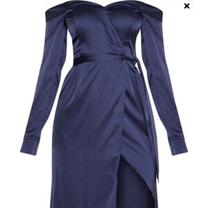 Navy Satin Bardot Lapel Detail Wrap Midi Dress